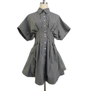 Exquise Tobie Button-Front Pleated Mini Shirt Dress Charcoal Stripe
